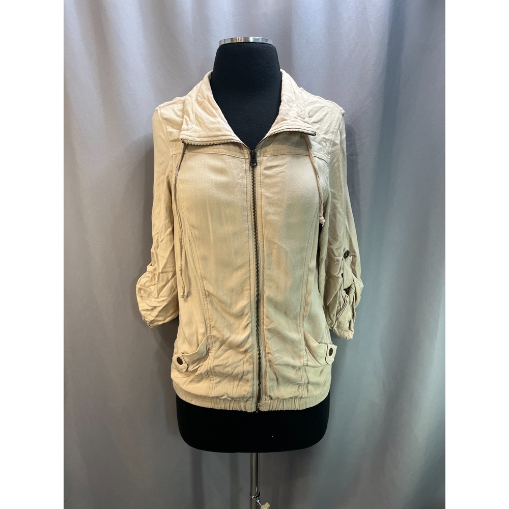 Maurices Full Zip Jacket Womens Medium Beige Rayon Lightweight Roll Tab Sleeve